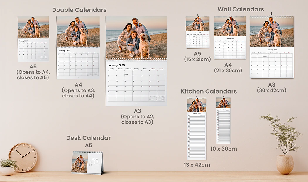 Personalised A3-A5 wall, desk & kitchen calendars; featuring your photos. Various sizes available.