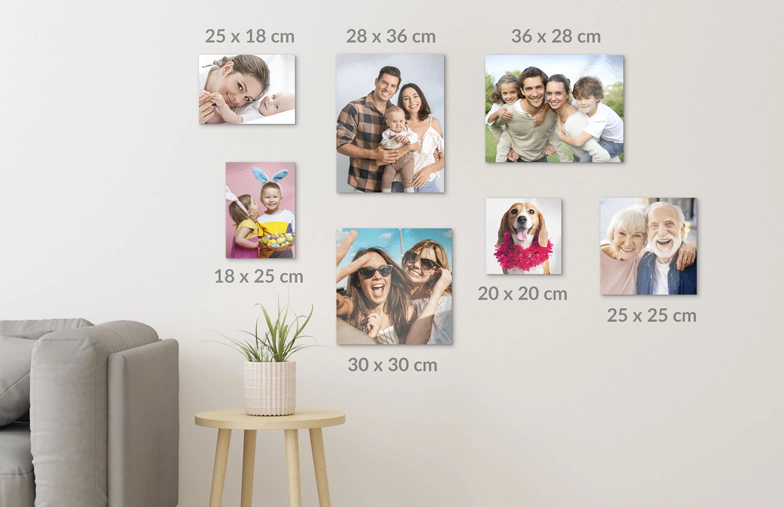 Metal photo prints: Various sizes shown on a wall, showcasing cherished memories. Create yours today!