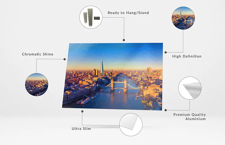 Stunning personalised London skyline print on ultra-slim, premium aluminium. High-definition image with chromatic shine. Ready to hang.