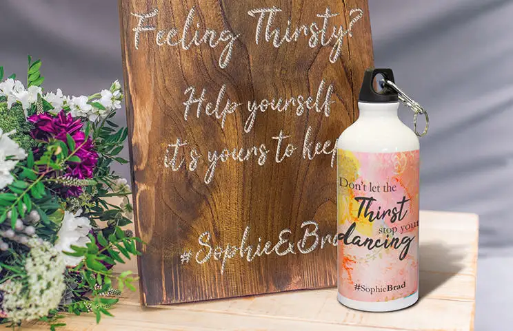 Personalised water bottle with a colourful design & fun quote, perfect for weddings. #Sophie&Brad