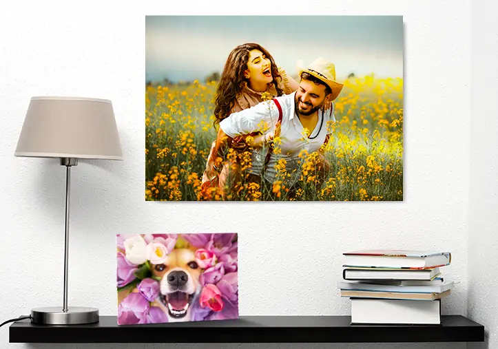Happy couple in a yellow flower field; personalised metal prints & blocks.